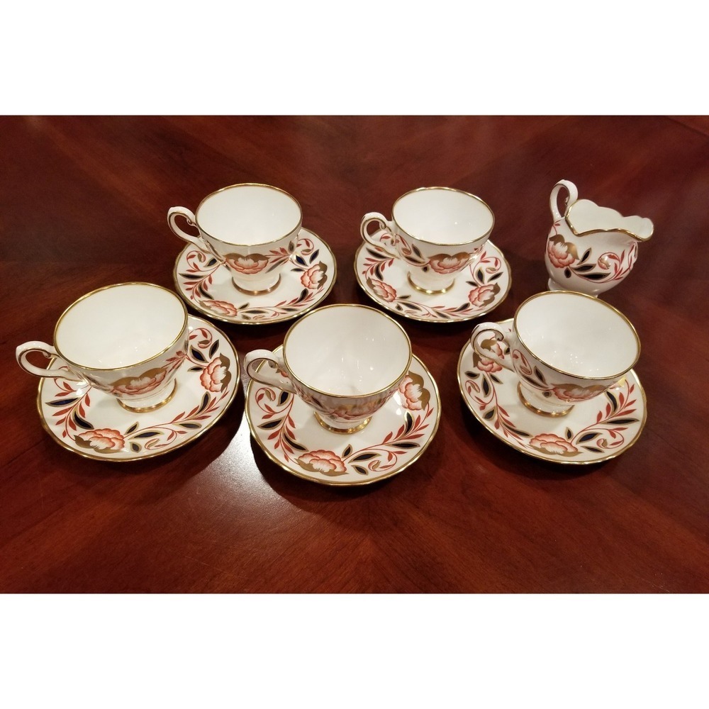 5 Vintage Royal Chelsea Bone China - Dynasty Demitasse Cup/Saucer Set & Creamer
